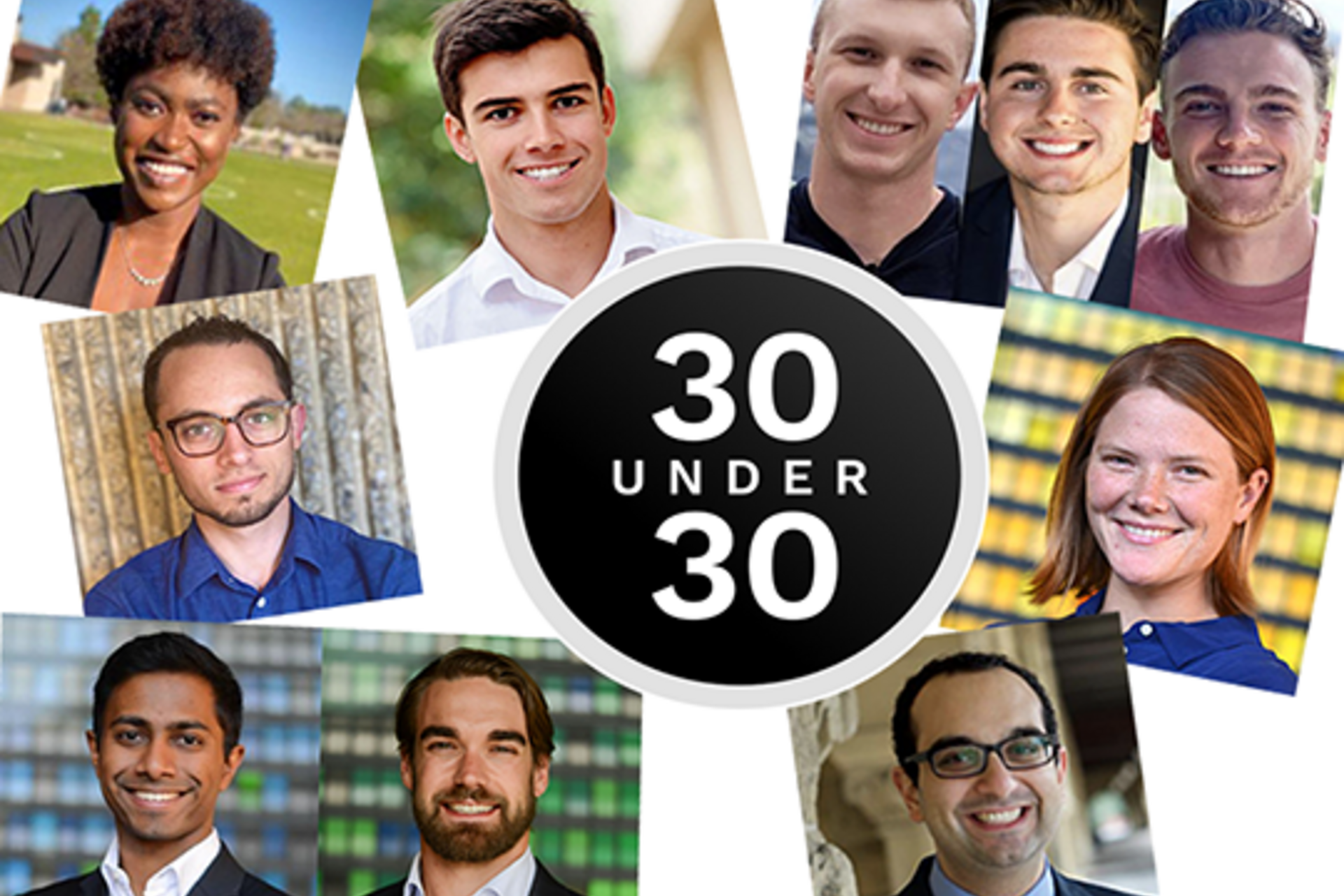 A collage of the ten Stanford-affiliated people selected for "30 Under 30"