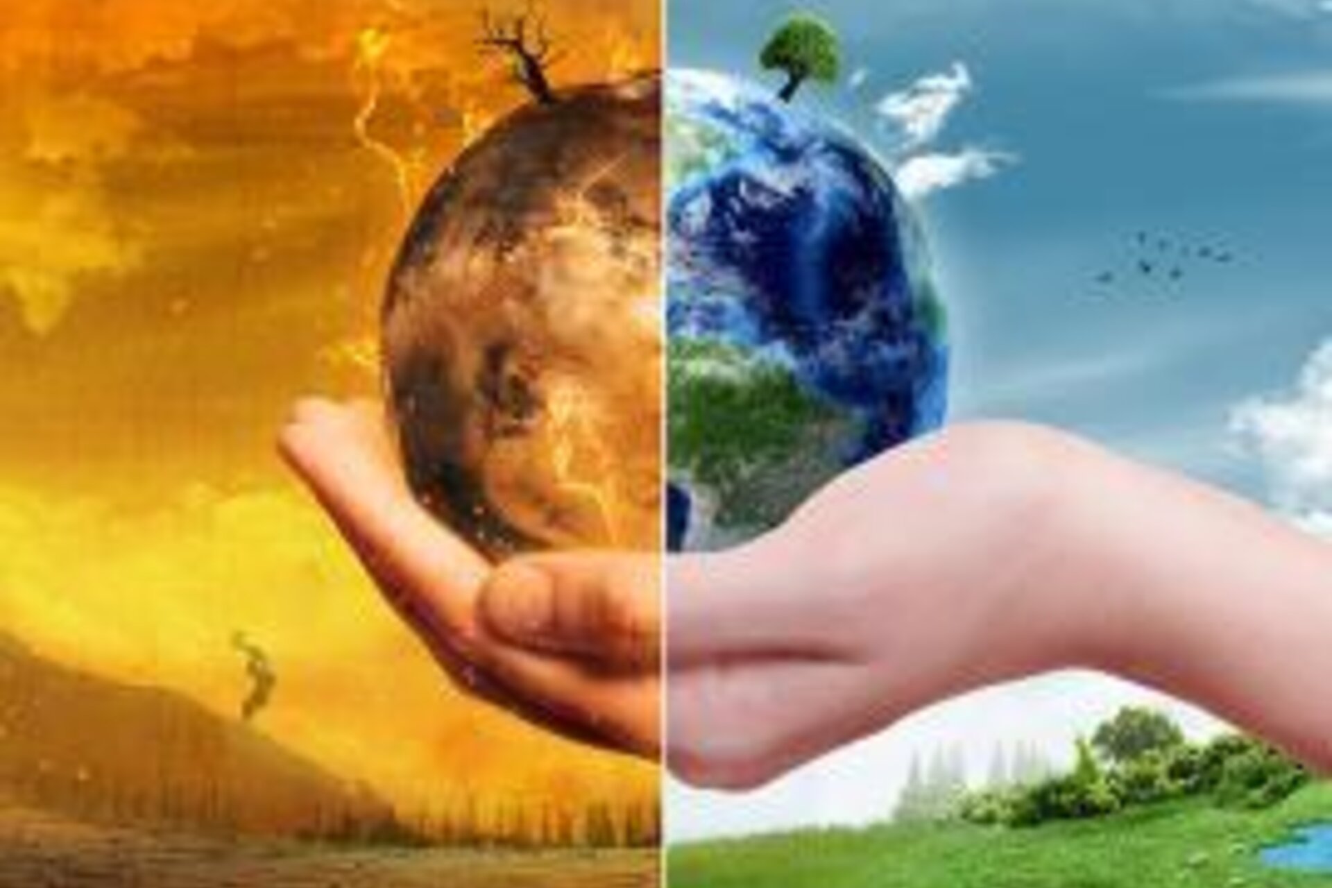 A hand holding the earth, with half of it dry, desolate, smoggy and hot, and the other half cool and green with water and plants