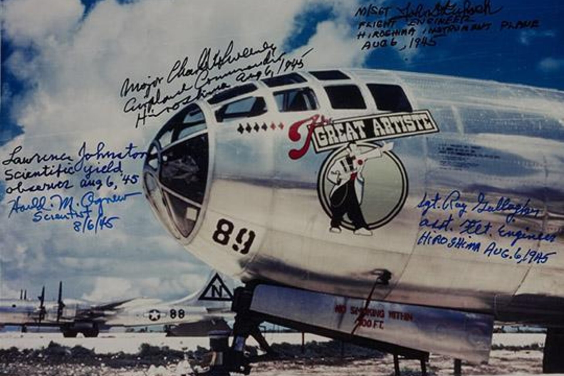 A signed photo of a plane named "The Great Artiste" in reference to its bombardier's "talents" in dropping bombs.