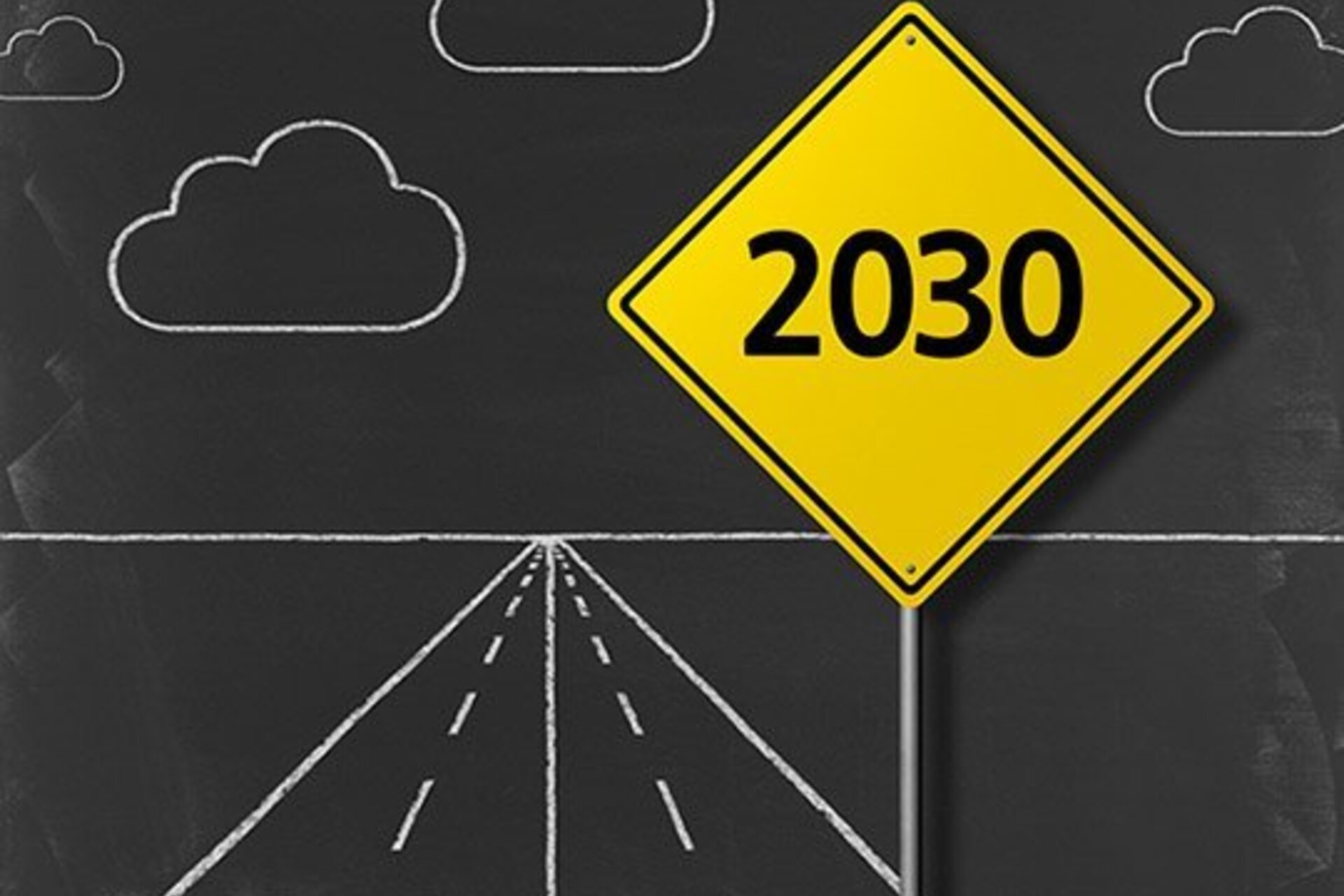 A chalk drawing of a road in perspective leading away from us towards the horizon, with a road sign reading [the year] "2030"