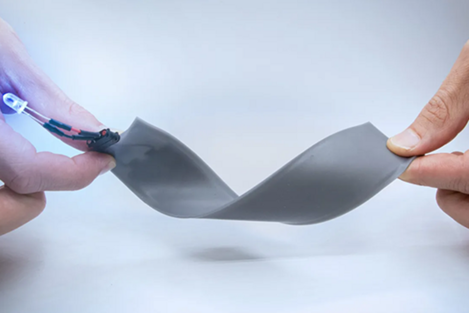 Anthro Energy’s flexible battery powers an LED.