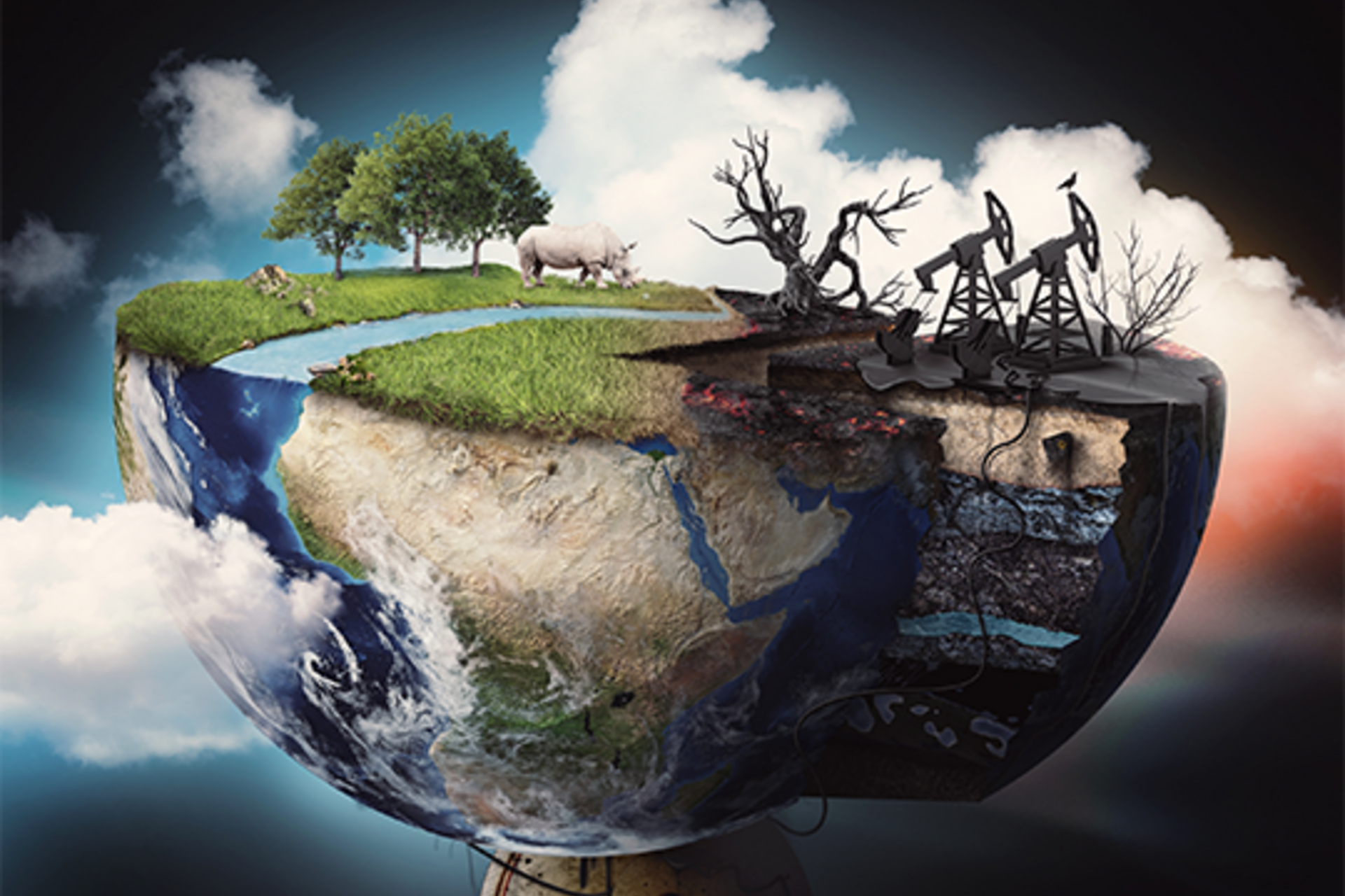 Artistic rendering of natural world versus world heavily degraded by climate change.