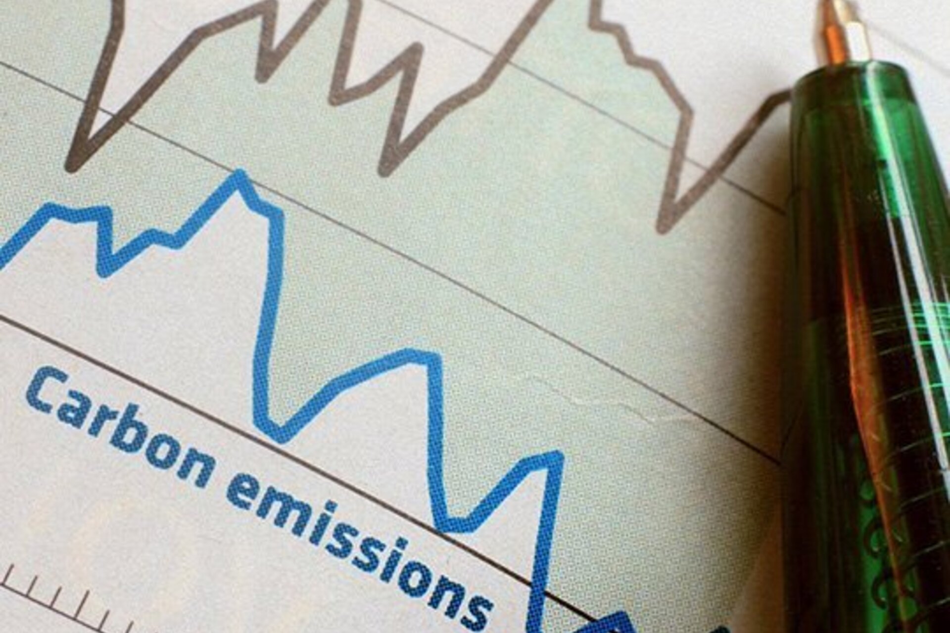 A green pen next to a printed graph going up and down in an irregular way, labeled carbon emissions