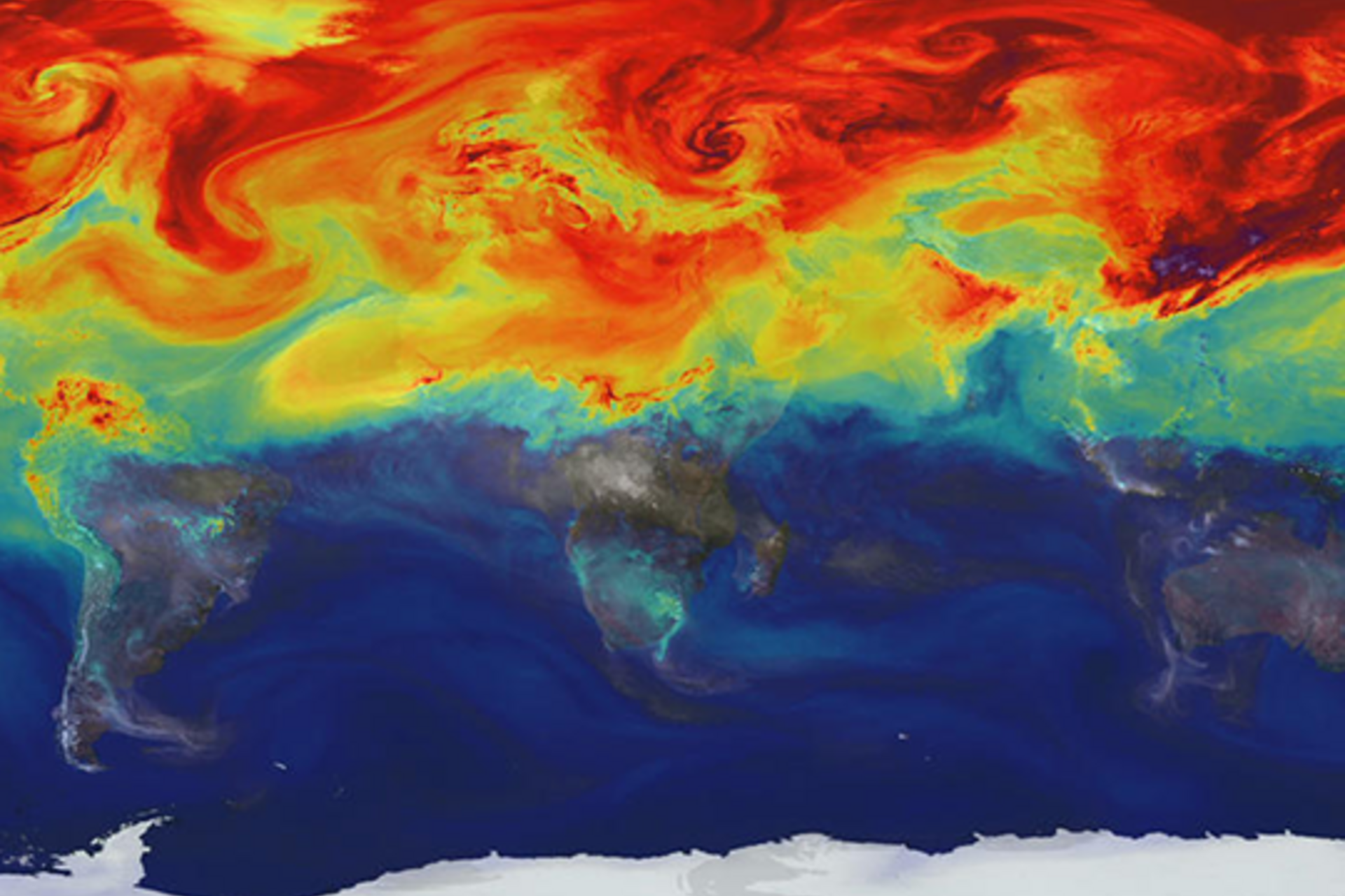 Simulation of carbon in the global atmosphere overlaid on a Mercator projection map of the world