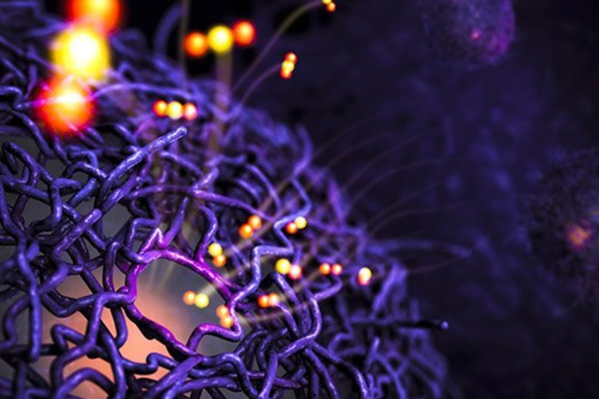 Soft polymers (purple) and a hard palladium core (pink). When heated, the palladium chemically converts molecules of O2 and CO (yellow and orange) into CO2.