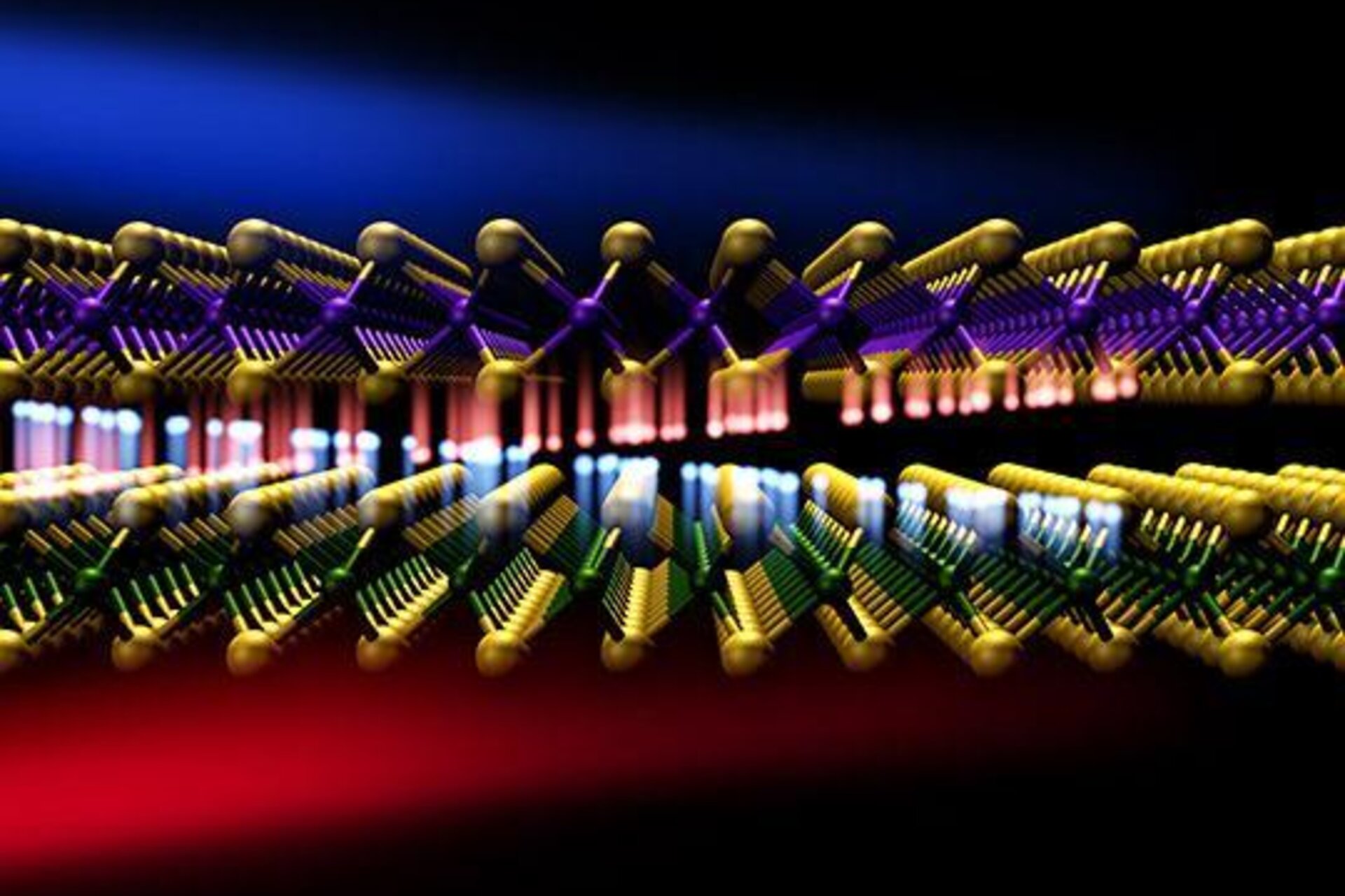 Illustration of electrons giving off electromagnetic waves as they travel between two materials