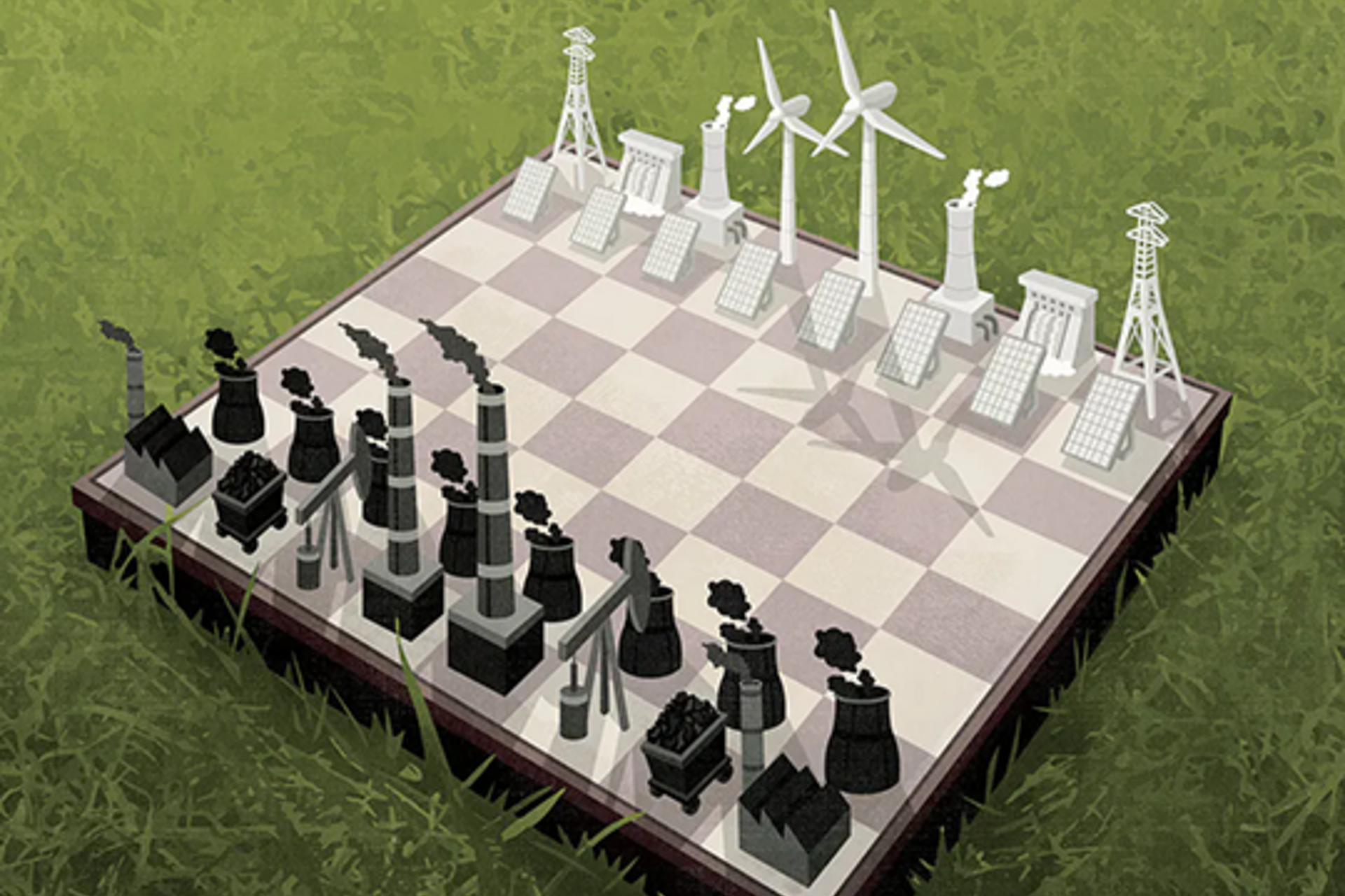 A chess board on grass, but the white pieces are solar panels, wind turbines, and other green energy machines, while the black pieces are oil, coal, and other fossil fuels