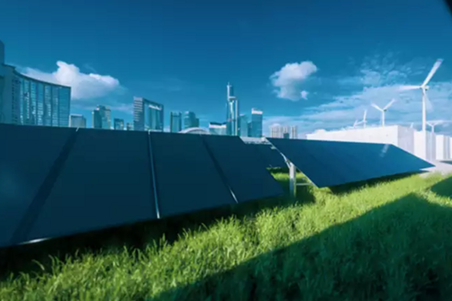 Rendering of a city with blue skies, wind turbines, and solar panels on parches of grass