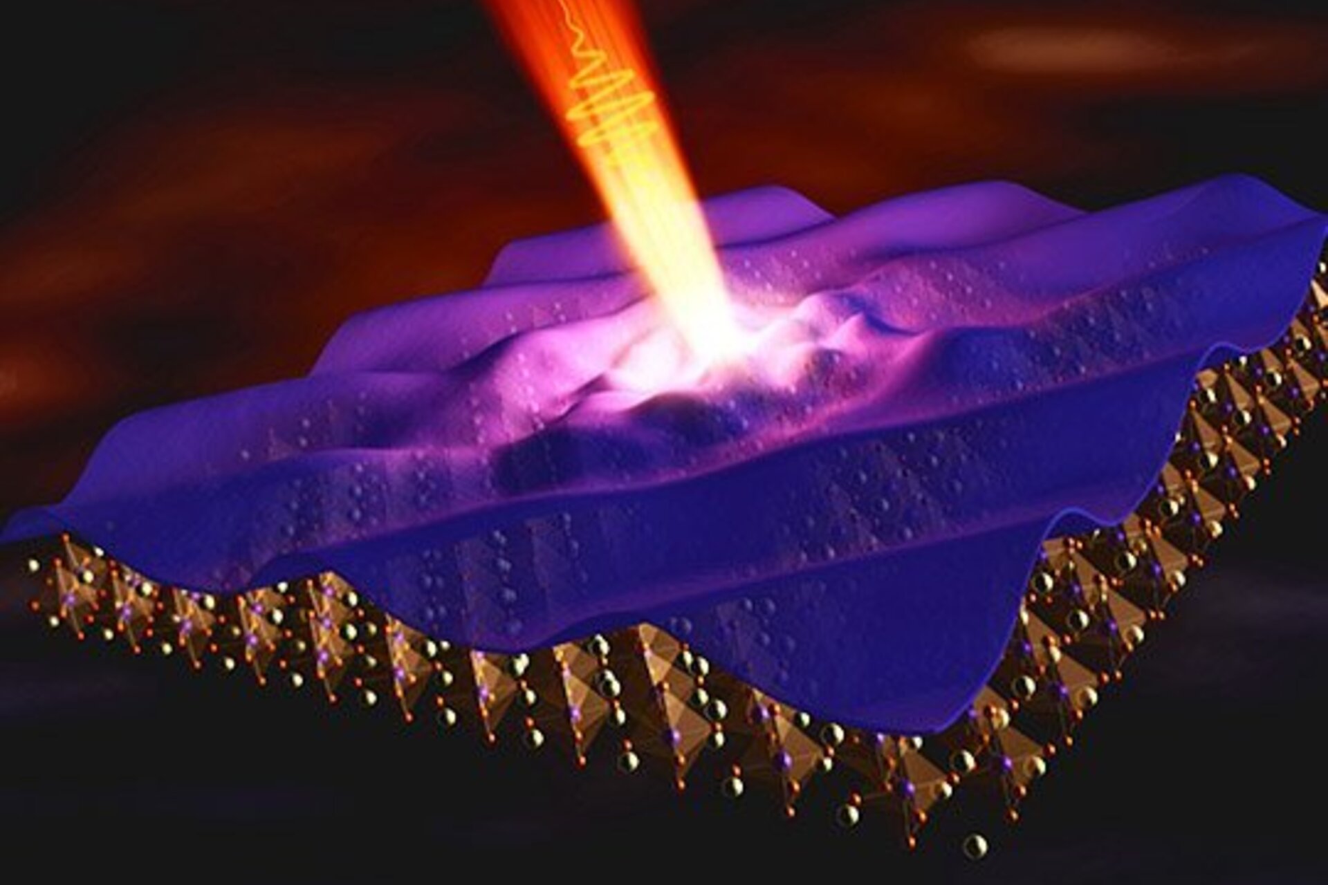fluctuating charge stripes illustrated as a grid of copper-based superconducting material being hit with a pulse of light, resulting in a wavy layer