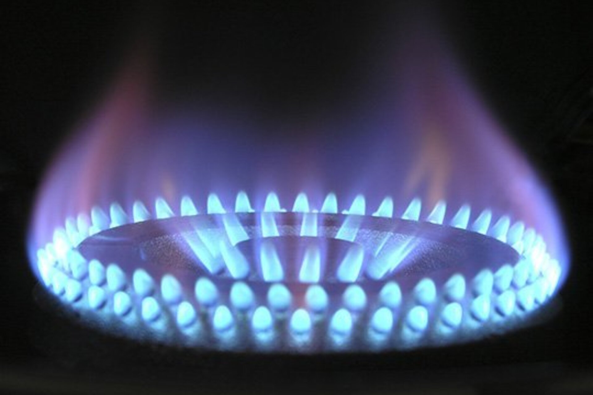 A gas burner with a blue-purple flame