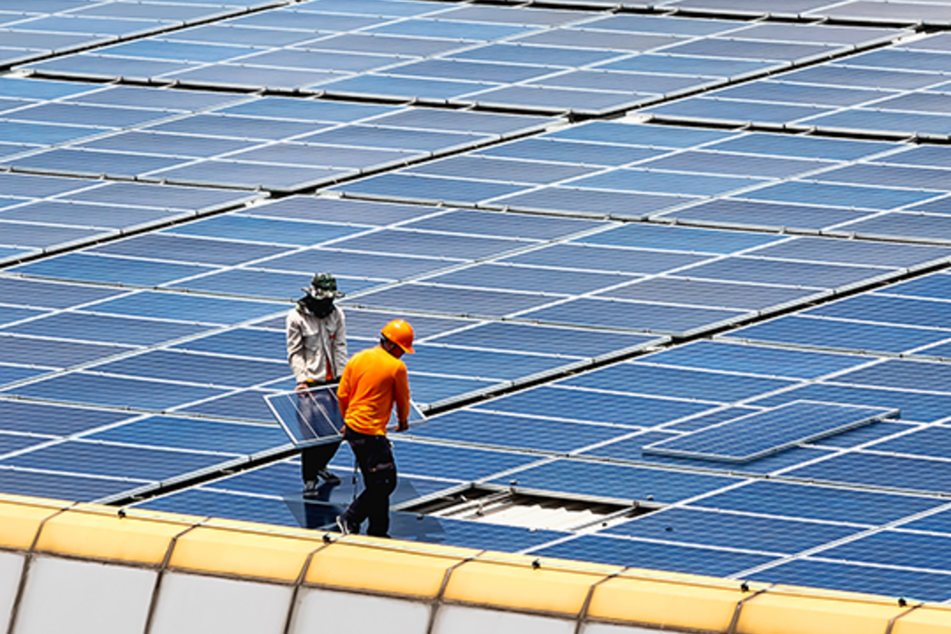 Workers installing solar panels in a large area covered by them