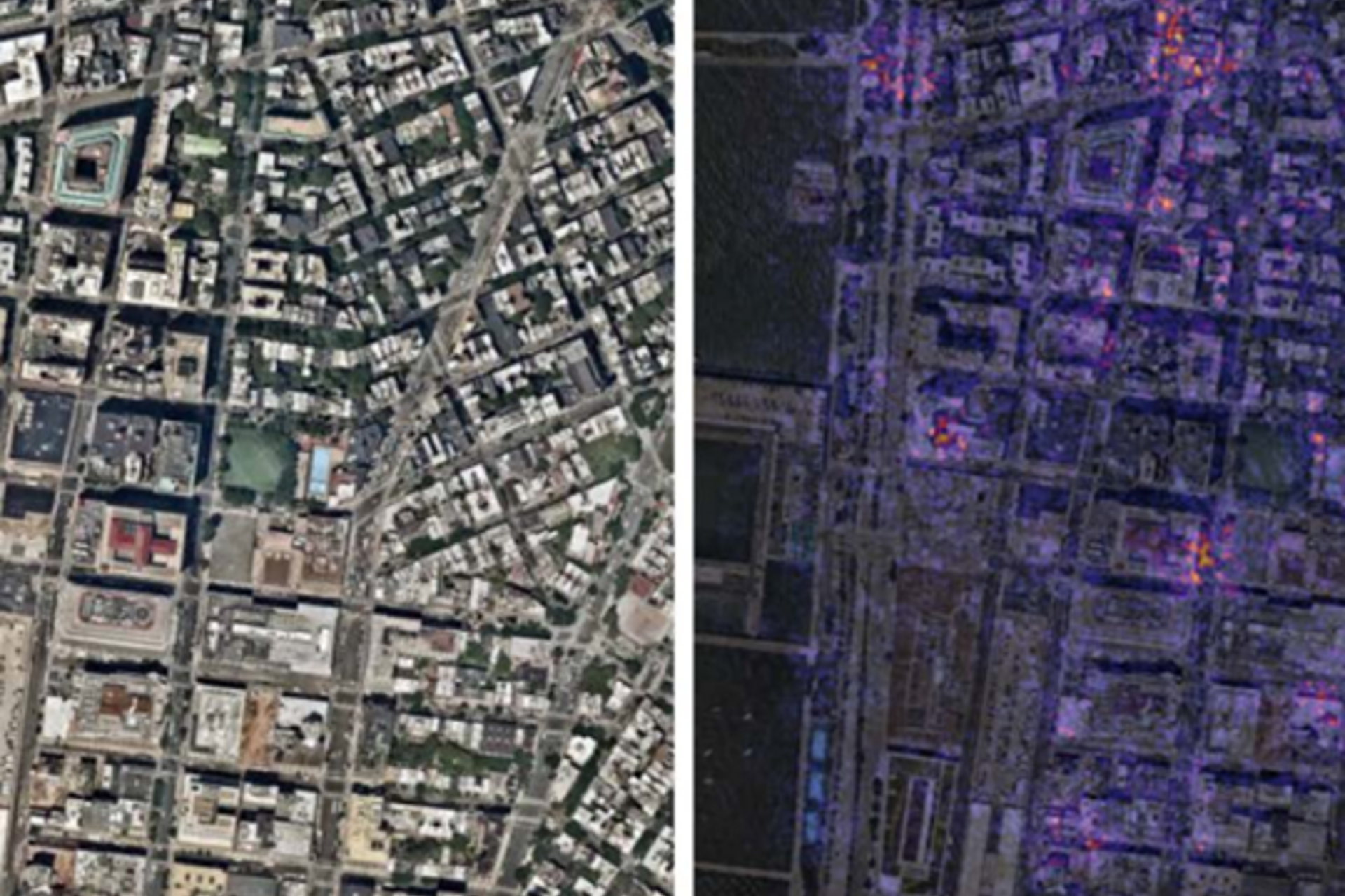 A saliency map of a neighborhood with a filter showing how concrete can increase temperatures of around buildings.