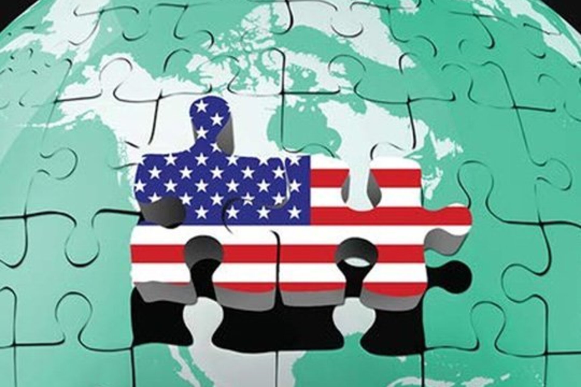 The US represented by its flag within two puzzle pieces, fitting into the middle east landscape within a globe made up of puzzle pieces colored with light blue for water and a minty green for land