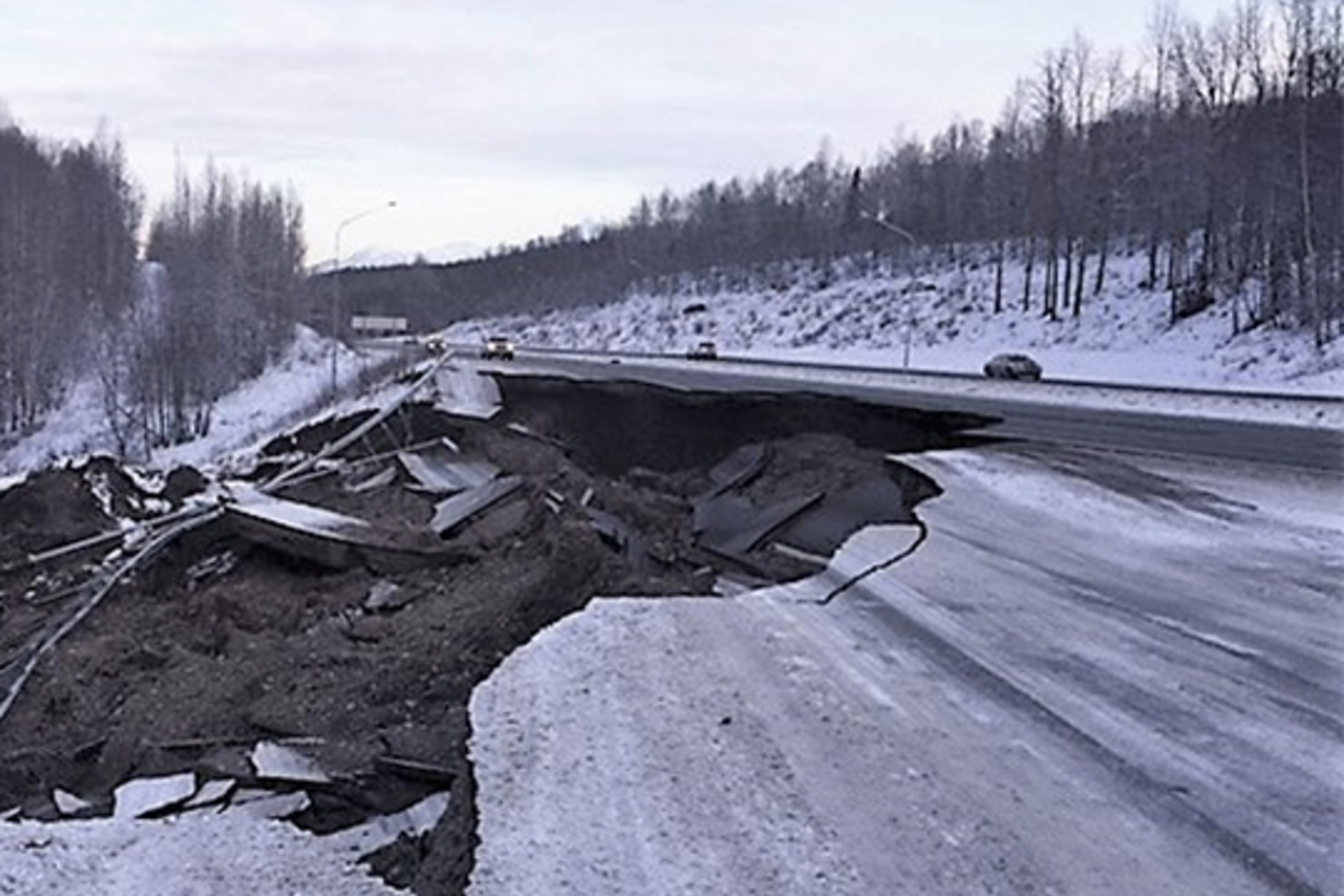 2018 earthquake damage to the Glenn Highway at Mirror Lake in Alaska