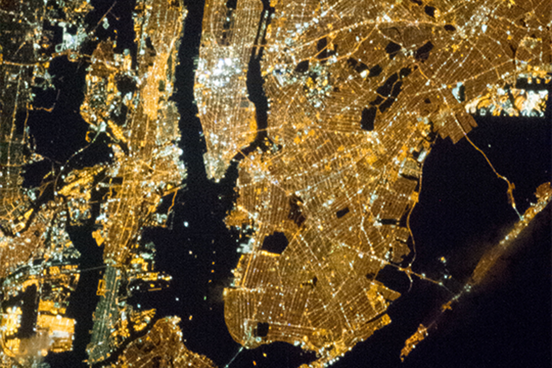 Satellite view of Manhattan illuminated at night
