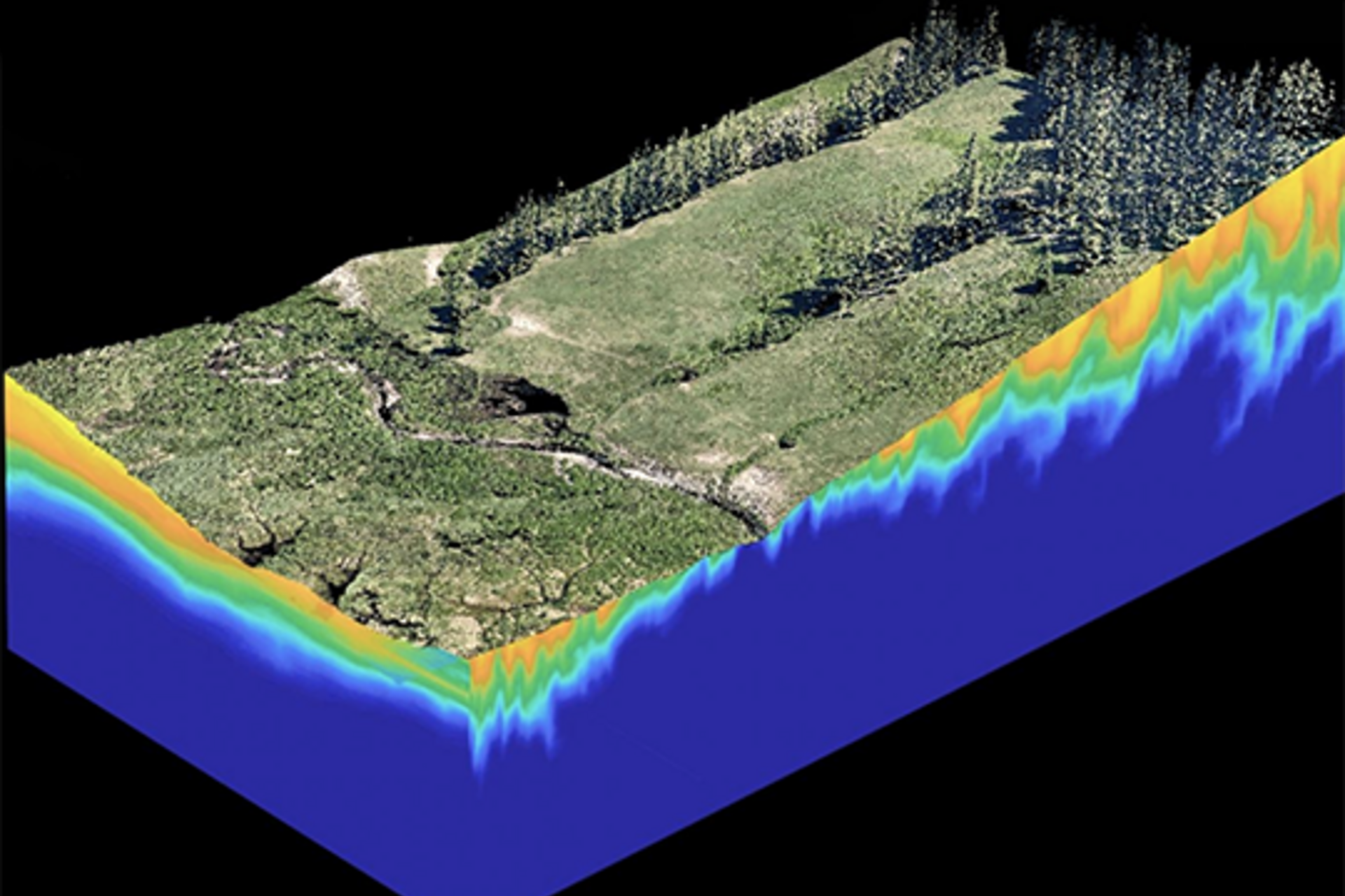 A hillslope, with a reactive transport model simulation of oxygenated water flowing through rocky material. 