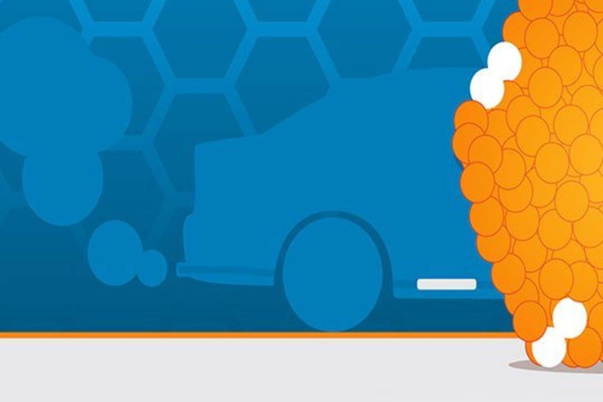 Illustration of catalyst nanoparticle and car with exhaust emissions