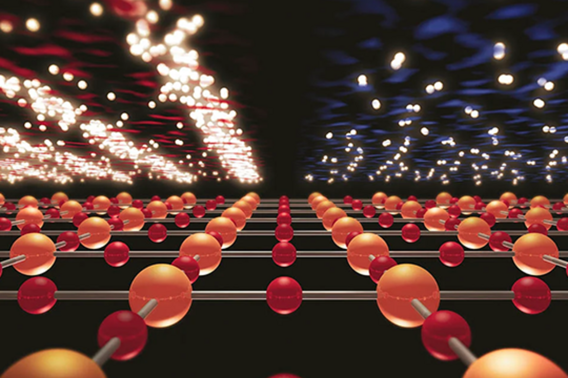 An illustration shows a latticework of sticks and balls topped by stripes made up of small glowing blobs, top left, and pairs of glowing blobs, top right.