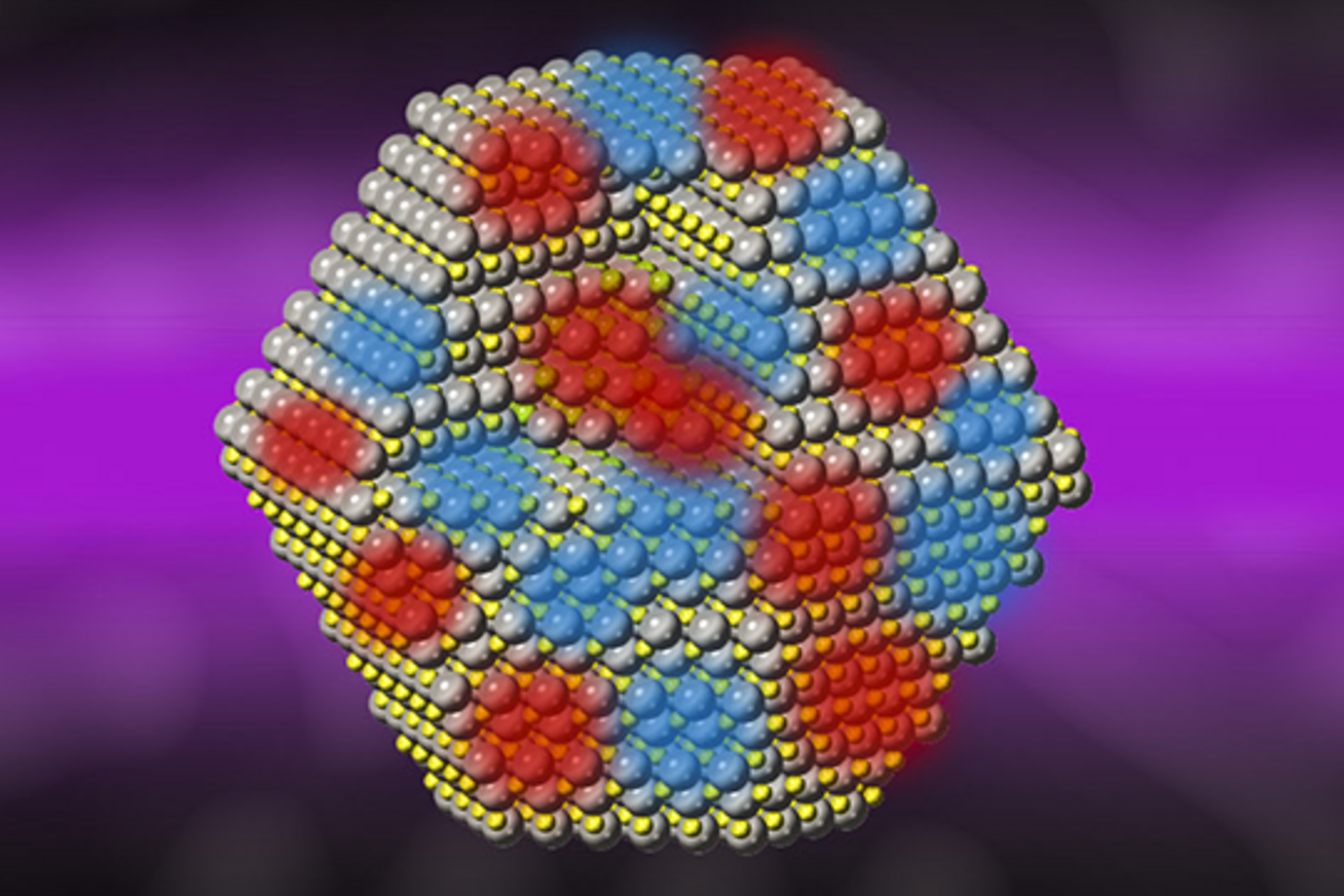 Illustration of three quantum dot nanocrystals showing atomic-level changes when they are hit with laser light