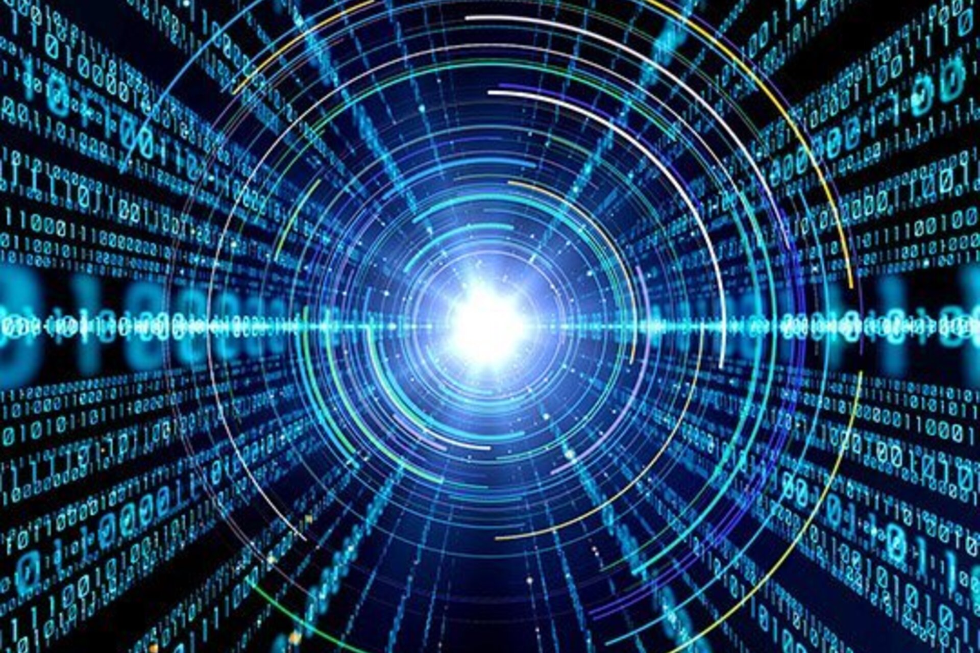 Glowing blue binary numbers emanating from a central source of light