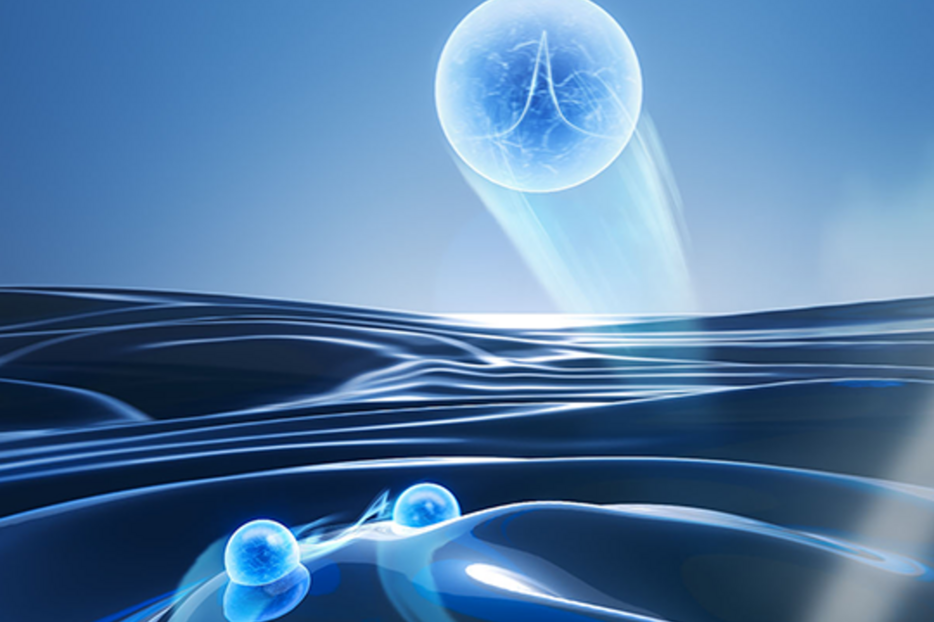 Conceptual illlustration showing a beam of light entering from the right and hitting a material, ejecting a sphere representing an electron