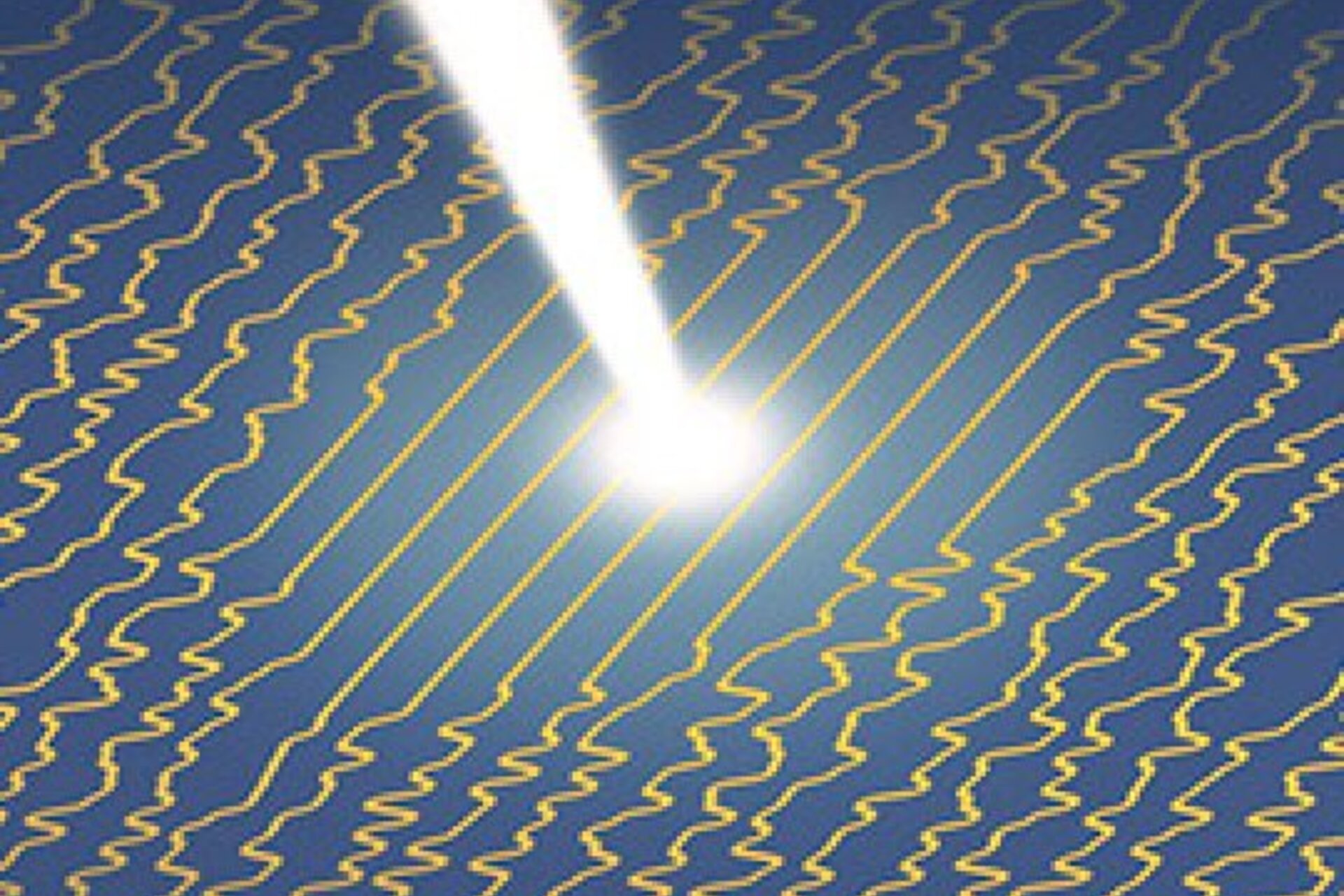 A beam of light lands on a series of squiggly lines. Where the beam lands, the lines are straight.