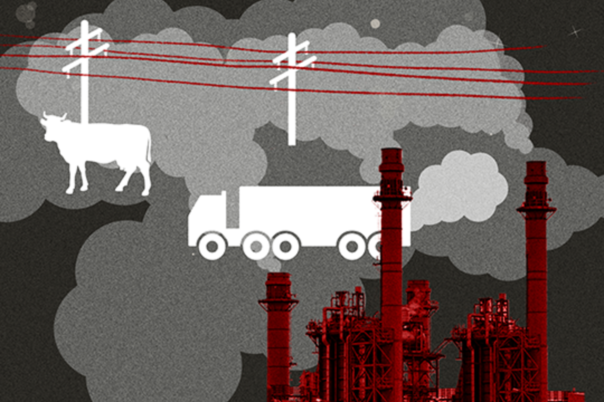 Abstract image with power lines, a truck, a cow and a power plant on the left. On the right is an equal sign with a calculator and a dollar sign on either side.