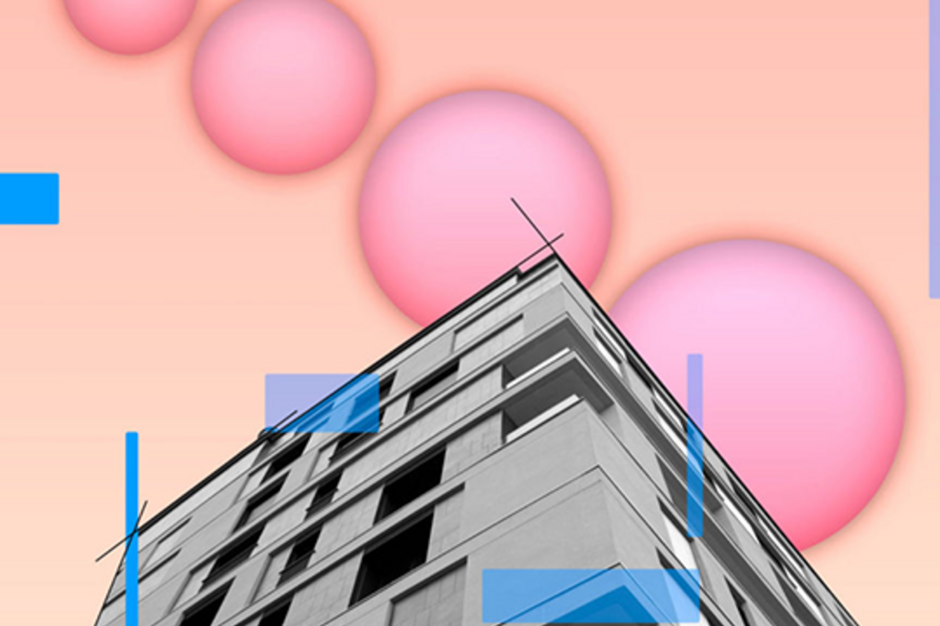 A futuristic collage looking up at a black and white building with blue quadrilaterals in front of it and pink bubbles behind it