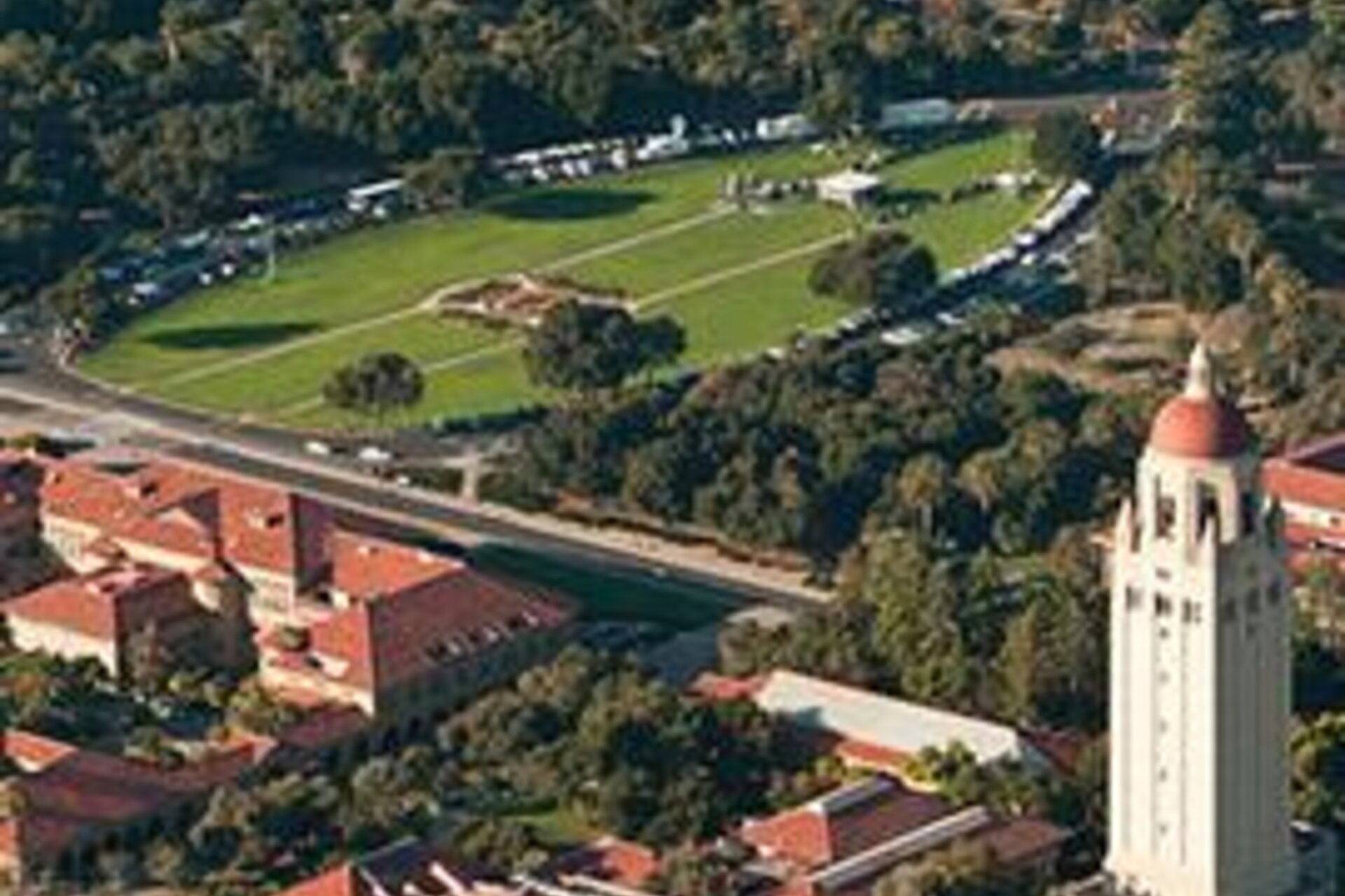 Aerial of Stanford campus with oval and Hoover tower