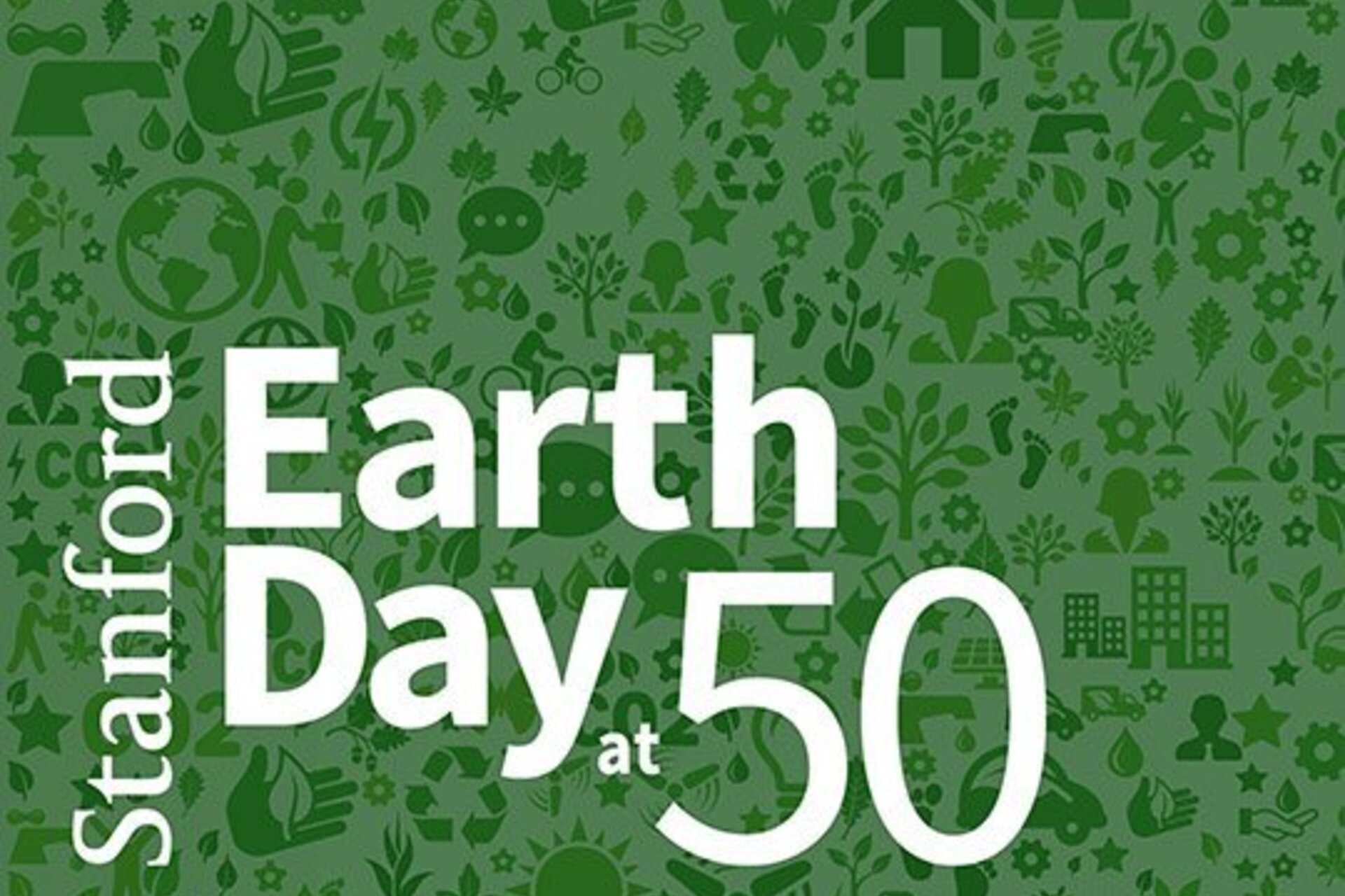 Many sustainability-related icons almost creating a pattern with text on top reading "Stanford Earth Day at 50"
