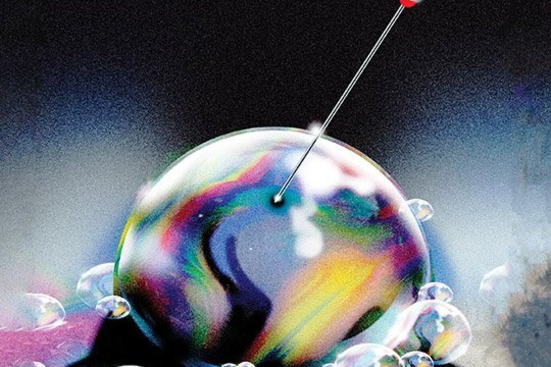 A textured drawing of a rainbow-slick bubble of oil with a pin just about to prick the surface