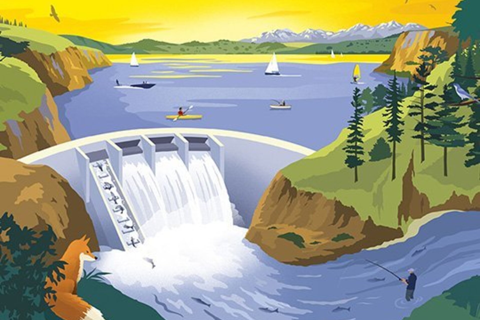 Illustration of a dam with people doing recreational activities on the far side, and a man fishing on the lower side