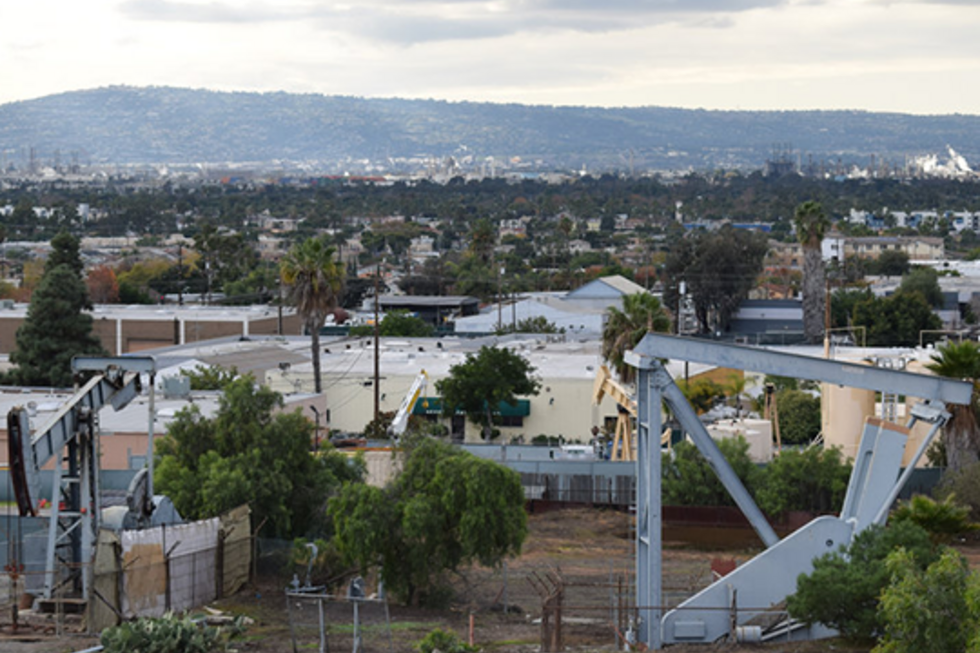 Oil wells operating in Signal Hill, a city in Los Angeles County, California. Researchers found that drilling and operating wells emits harmful levels of pollution that may affect the health of nearby residents