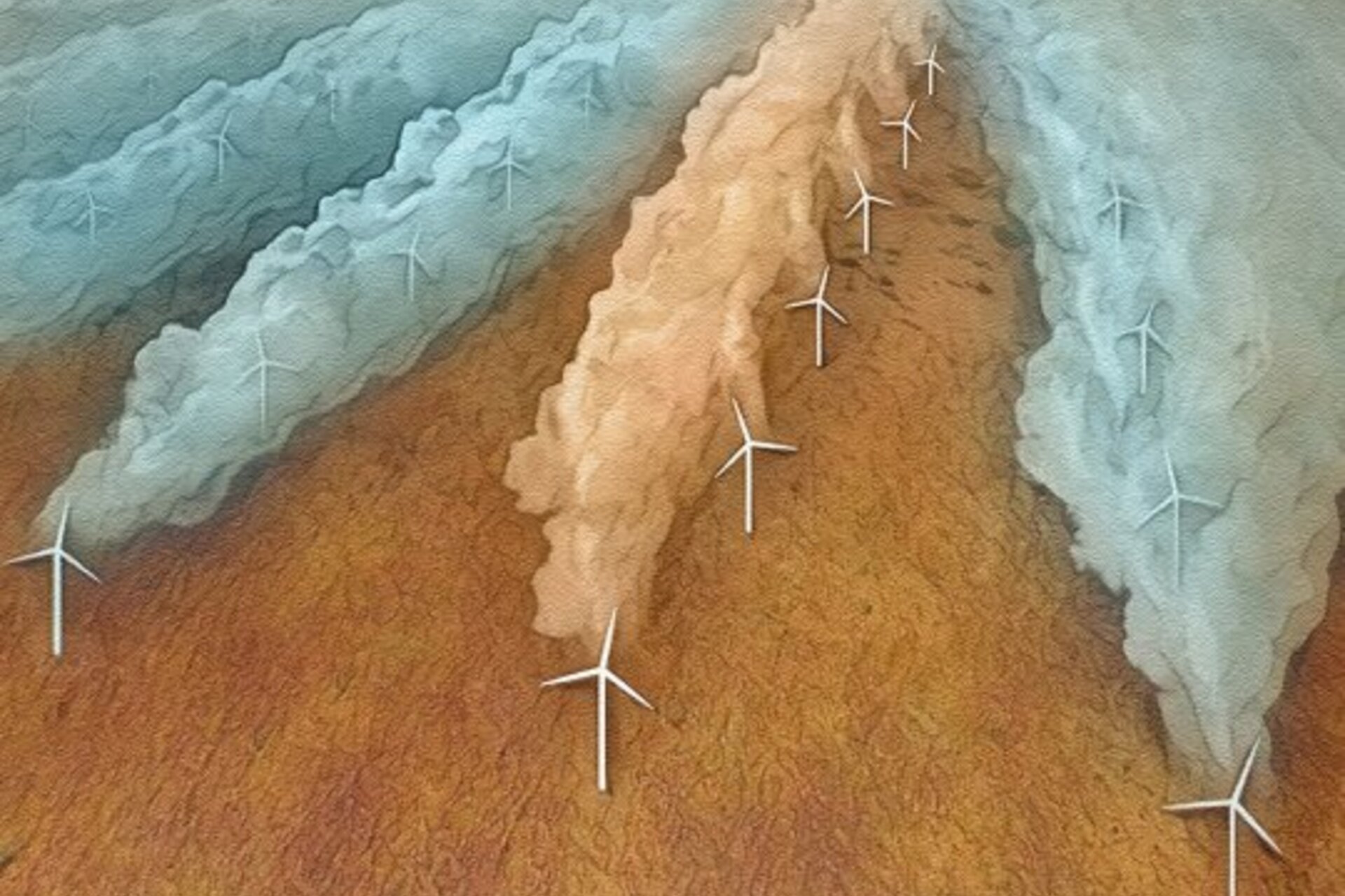 A digital illustration of many rows of wind turbines. All of the rows are emitting a bluish, smoky substance, while one row is emitting orange-brown smoke.
