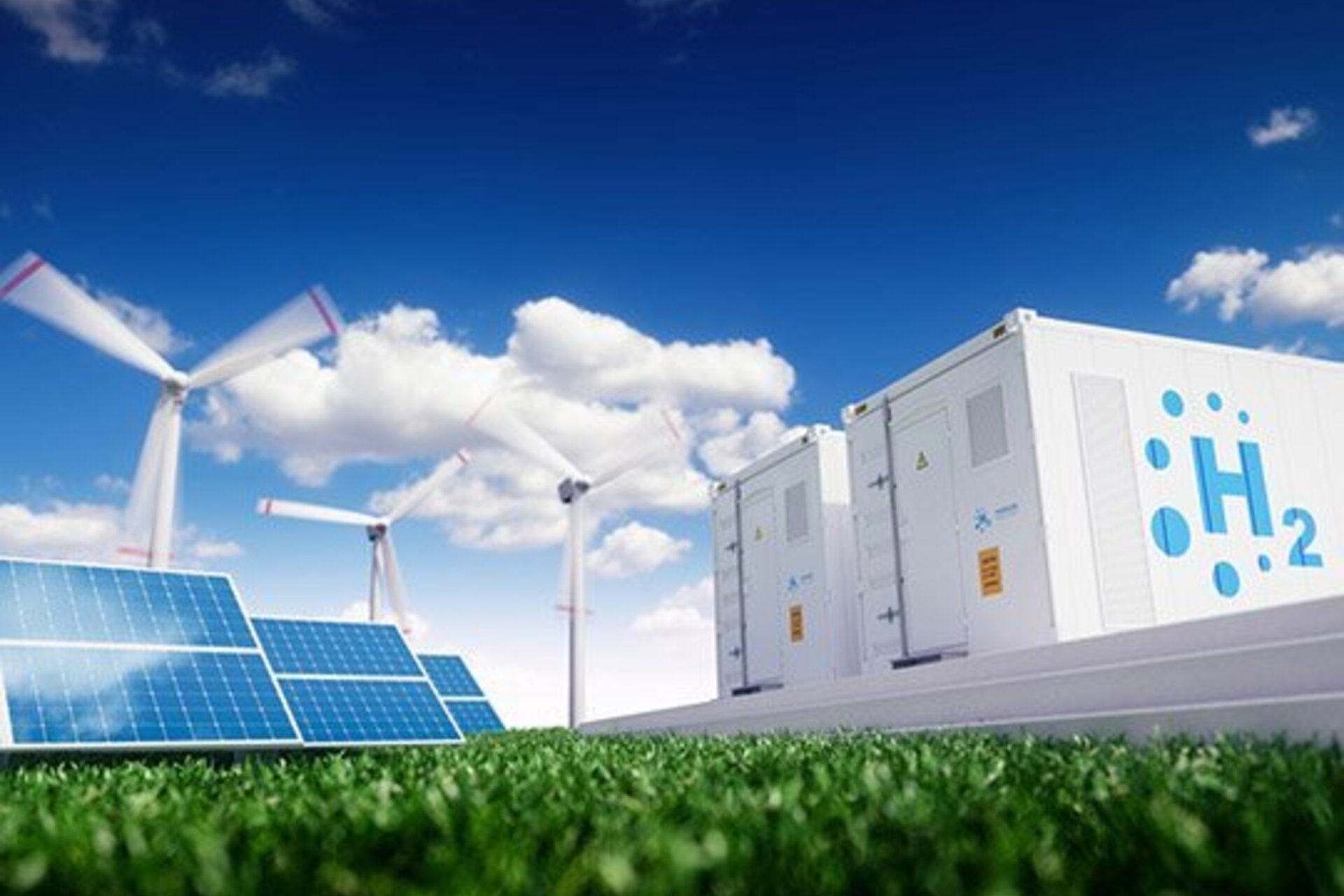 A digital rendering of Hydrogen storage containers next to a grassy field with solar panels and wind turbines
