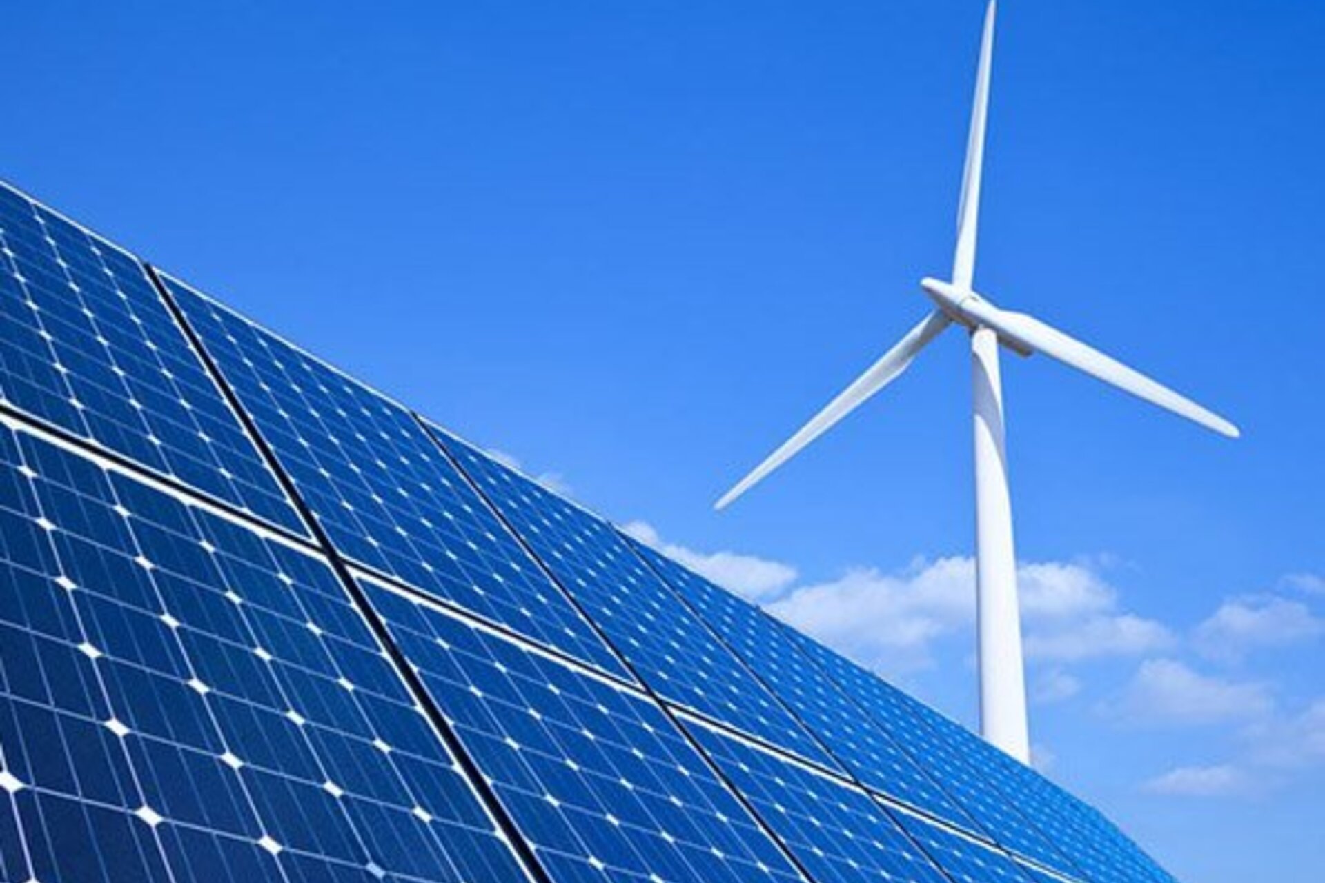 A solar panel and a wind turbine