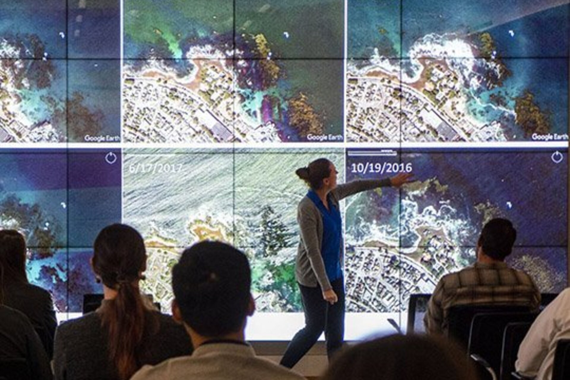 An attendee of WiDS@StanfordEarth, PhD student Heidi Hirsh spoke about collecting data and using photogrammetry techniques to help make kelp mosaics during GISDay@Stanford on Nov. 13