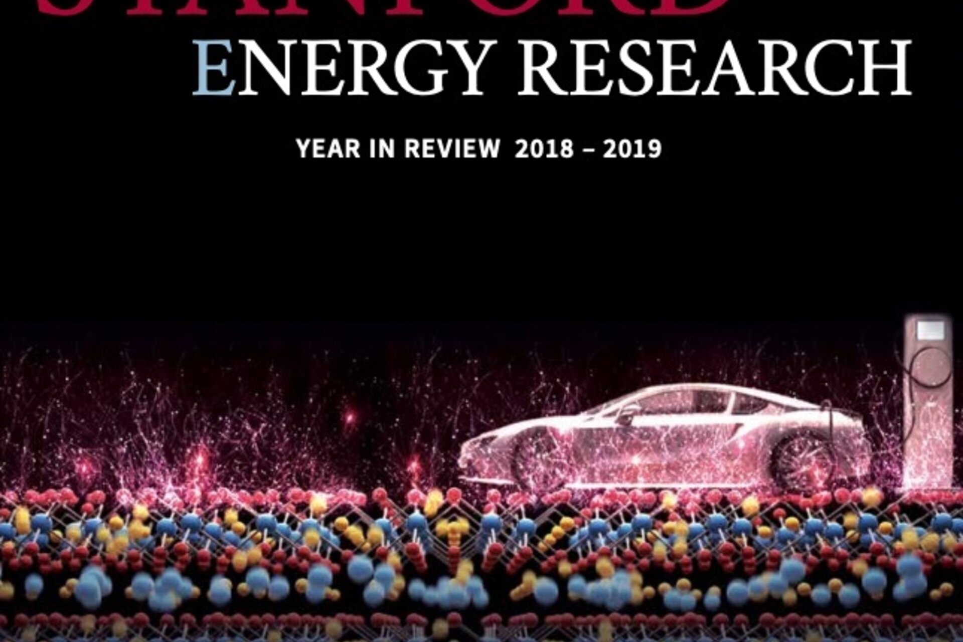 Rendered image of charging electric car on top of molecules