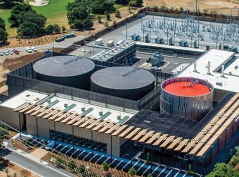 An aerial view of the Central Energy Facility on Stanford's campus