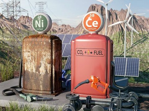 Digital collage of retro gas tanks topped with the elements Nickel and Cerium, with solar panels and wind turbines in the background