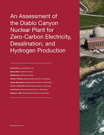 A report cover with a picture of the plant and text reading "An Assessment of the Diablo Canyon Nuclear Plant for Zero-Carbon Electricity, Desalination, and Hydrogen Production