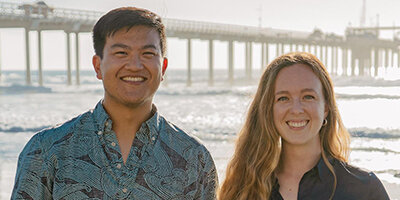 Zhao and Dippo at the beach with Pacific Ocean in background