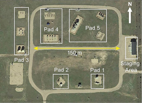 An aerial view of an outdoor texting facility with oil and gas equipment showing that it's slightly longer than 150m