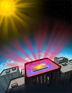 Digital illustration of a reflective coating on the top of a building reflecting rays from the sun back into the atmosphere