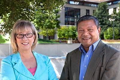 Sally and Arun in engineering quad courtyard