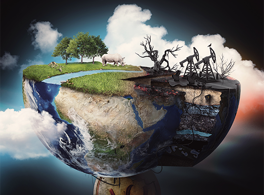 Artistic rendering of natural world versus world heavily degraded by climate change.