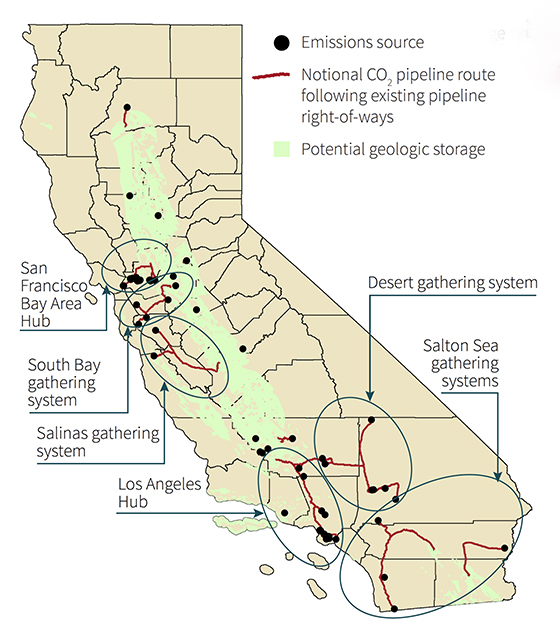 A map of California showing different hubs and gathering systems, emissions sources, notional CO2 pipeline routes, and potential geologic storage locations